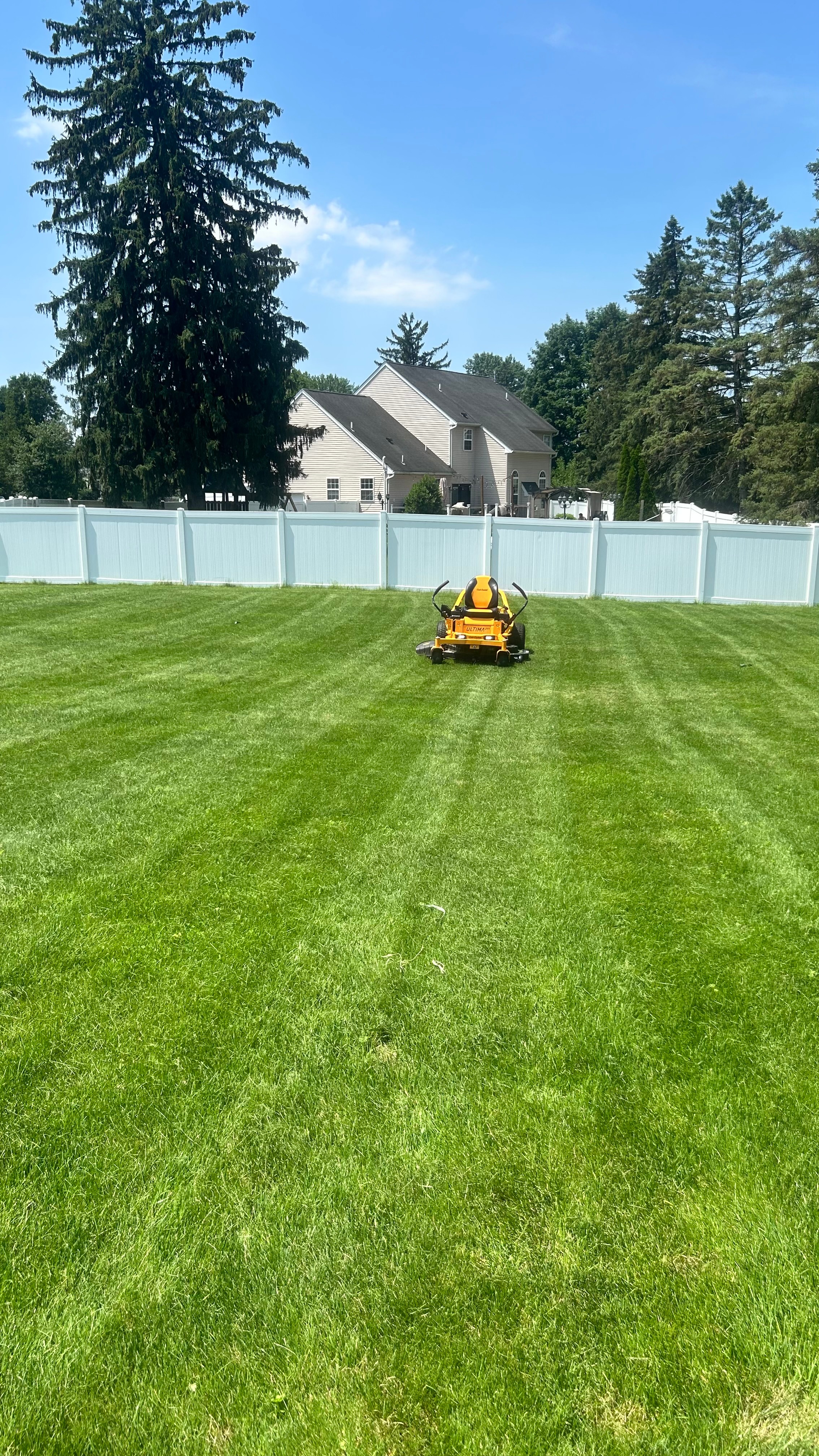 Professional Lawn Mowing Service with Zero-Turn Mower Creating Perfect Striping Patterns on Green Lawn